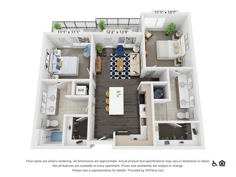 Floor plan for 2 beds, 2 baths, 1015 sqft